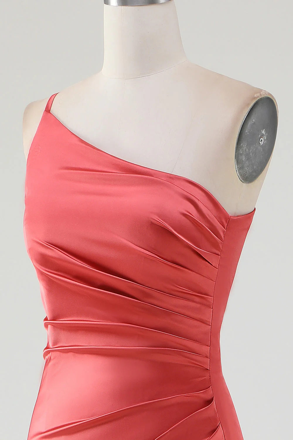 Terracotta Sheath One Shoulder Floor-Length Pleated Satin Bridesmaid Dress - JUORTHO