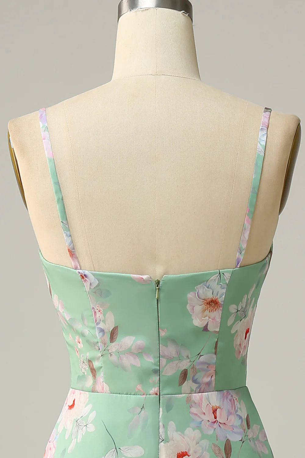 Light Green Spaghetti Straps Floral Bridesmaid Dress with Slit - JUORTHO