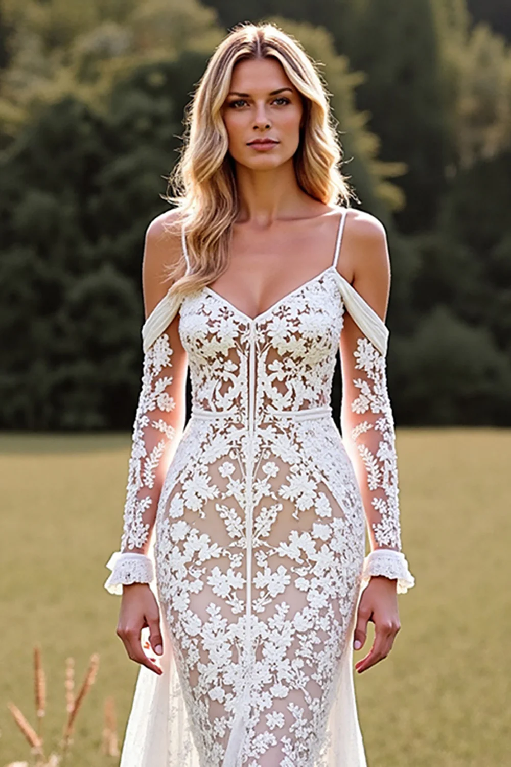 Lace White Mermaid Boho Sweep Train Western Wedding Dress with Sleeves - JUORTHO