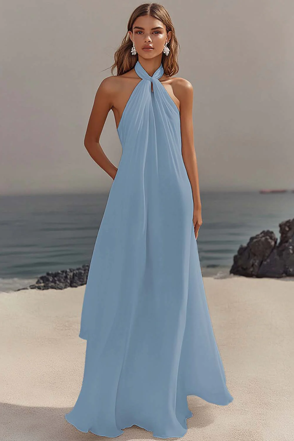 Chiffon White A Line Halter Long Rehearsal Dinner Dress - JUORTHO