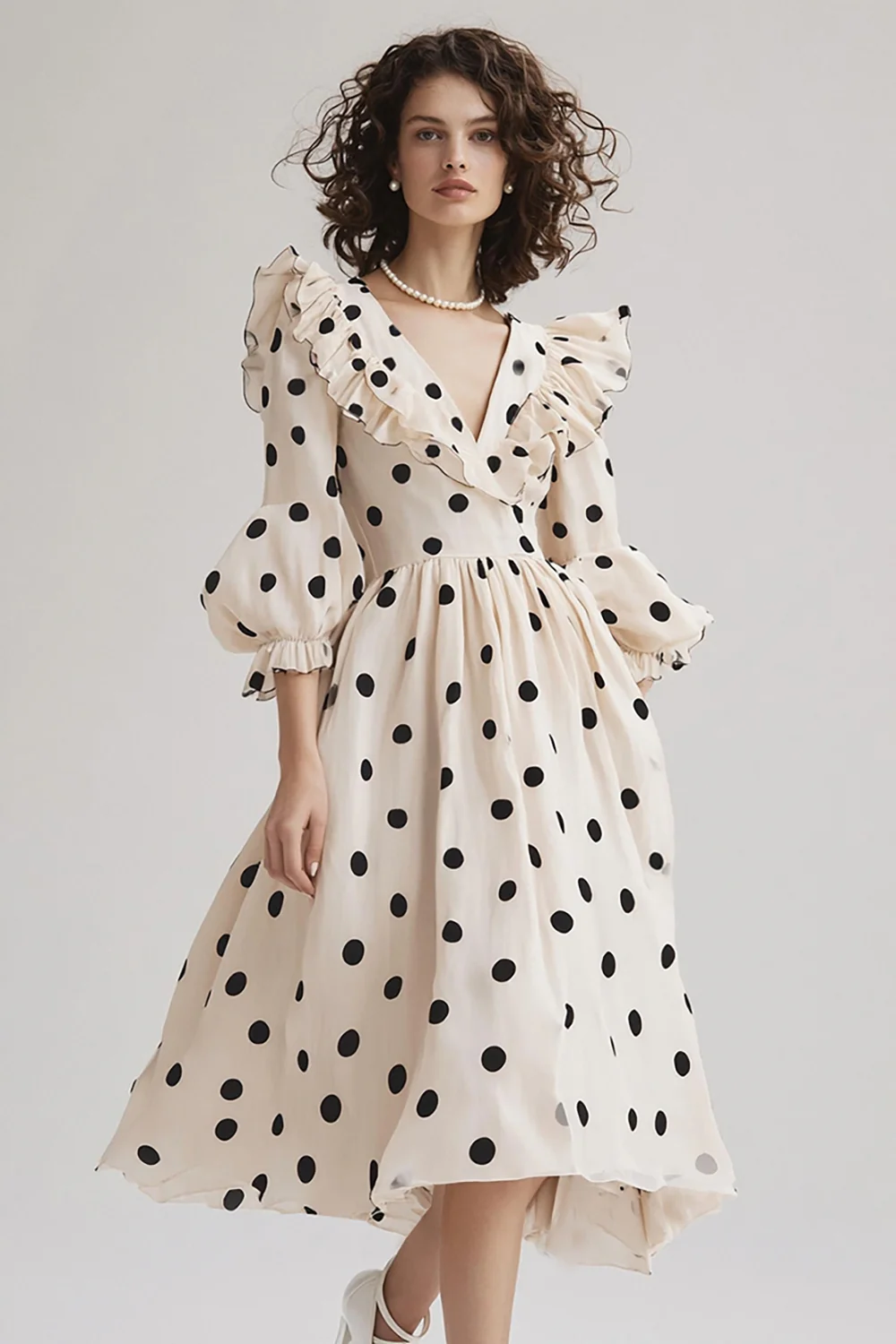 Chiffon V-Neck Black and White Midi Boho Polka Dot Dress with Ruffles - JUORTHO