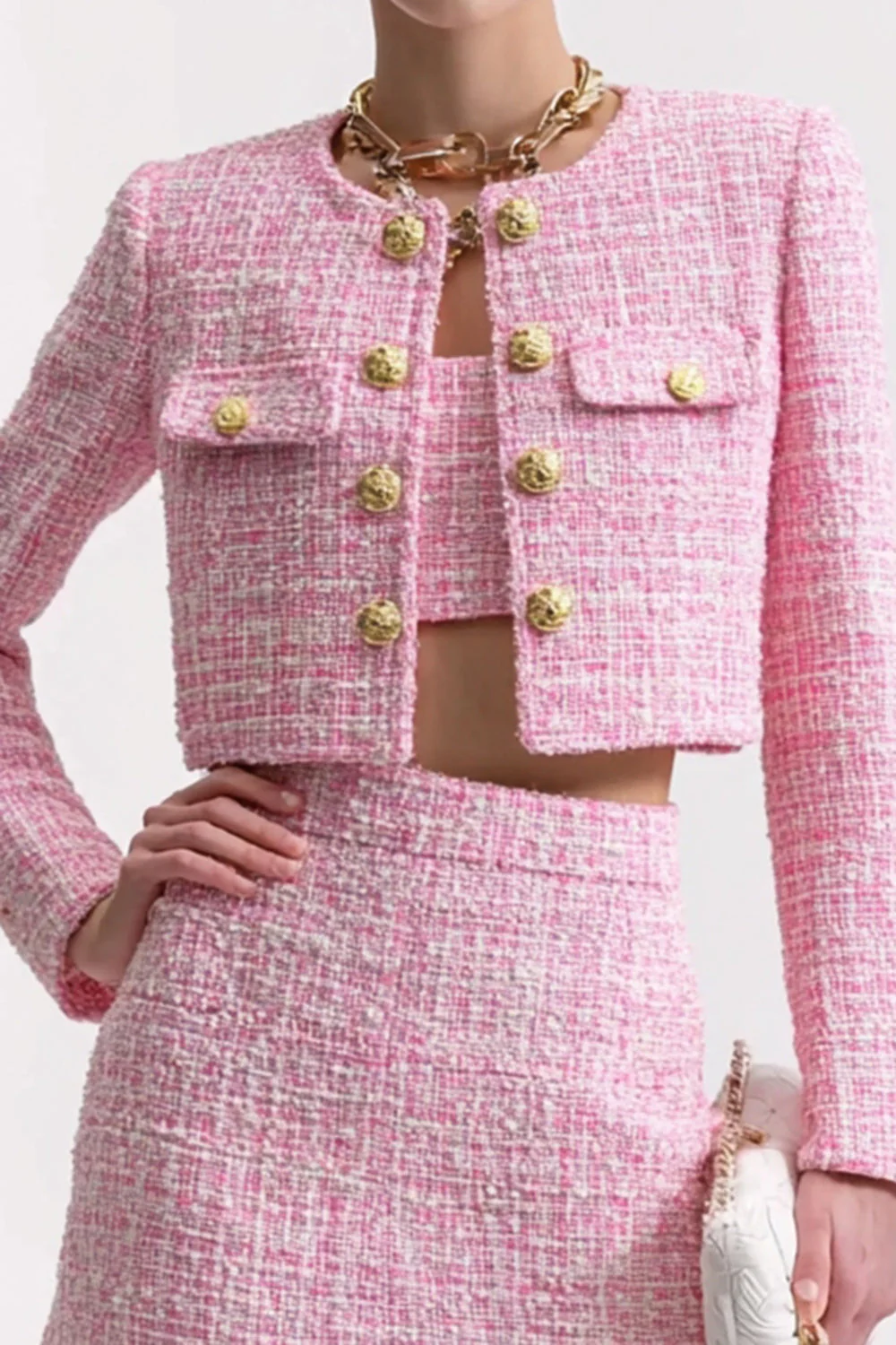 3 Piece Pink Tweed Short Blazer Homecoming Outfits with Pockets - JUORTHO