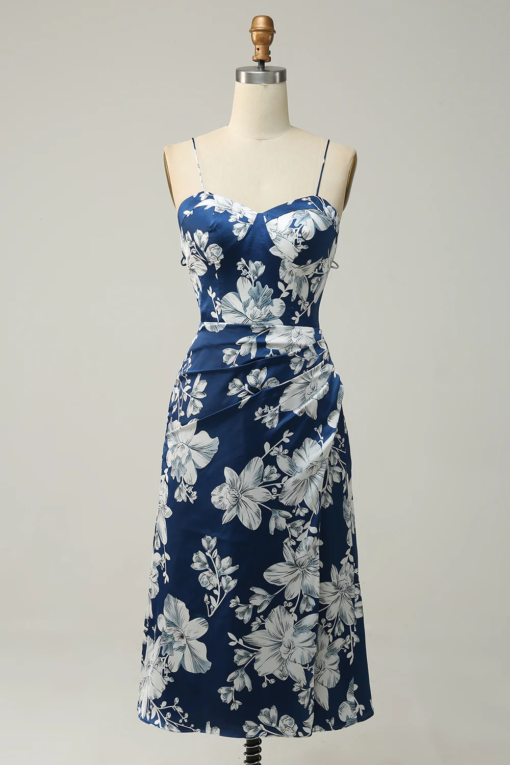 Spaghetti Straps Ink Blue Floral Bridesmaid Dress - JUORTHO