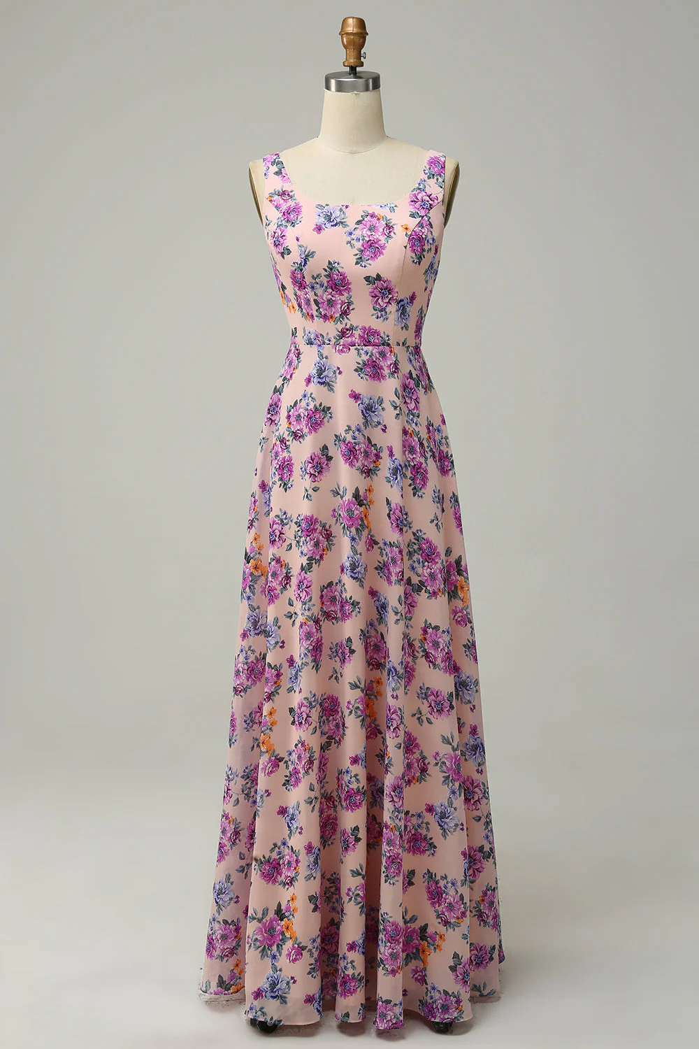A Line Square Neck Pink Floral Long Bridesmaid Dress with Open Back - JUORTHO