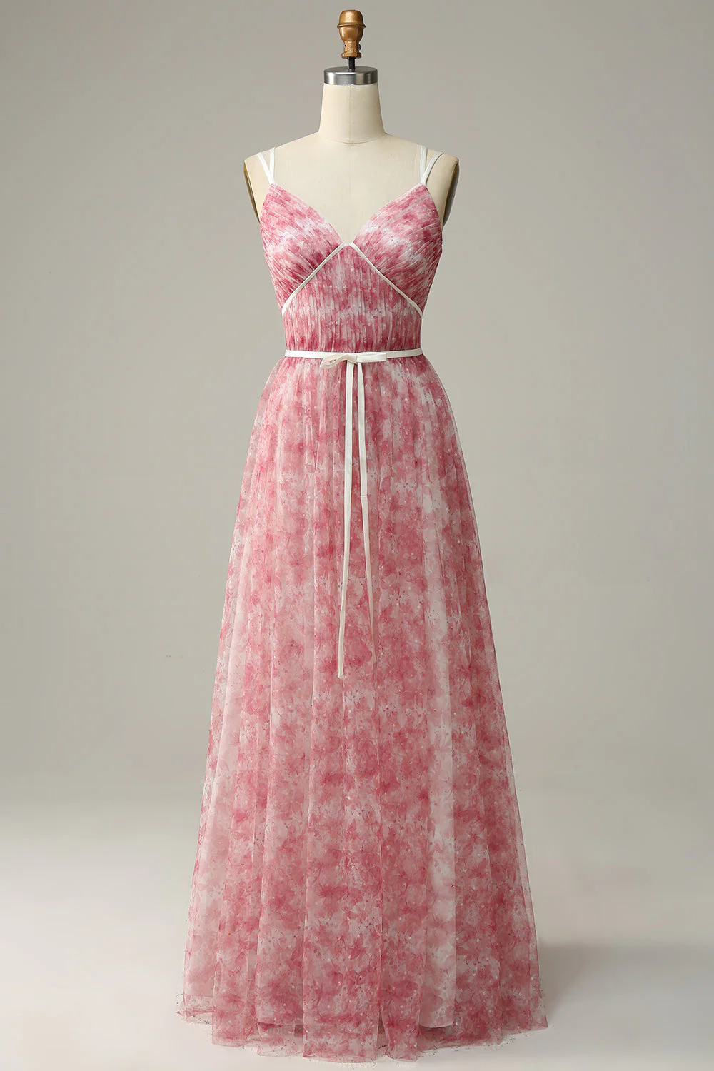 Blue Printed A-Line Tulle Long Bridesmaid Dress - JUORTHO