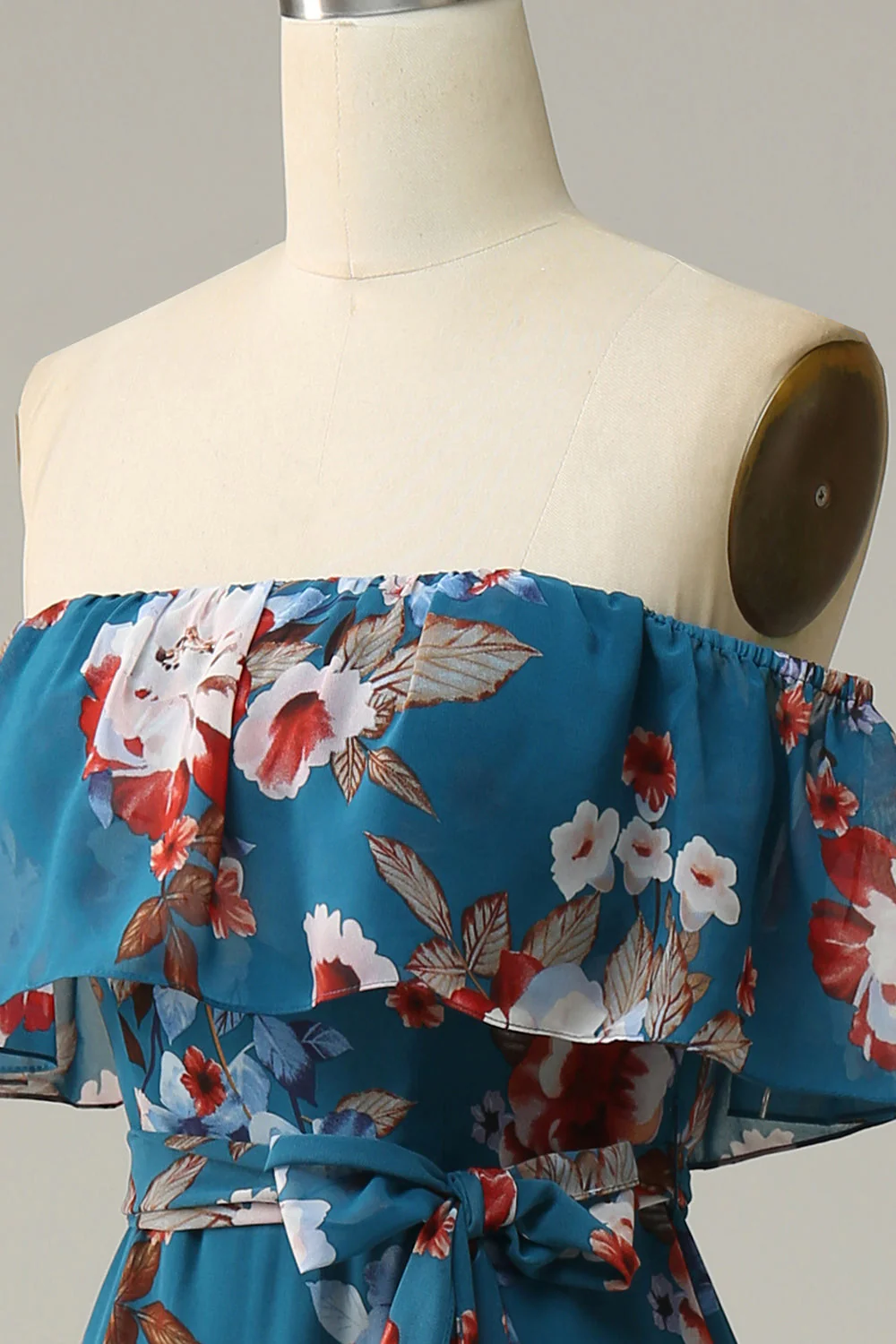 Dark Blue Floral Boho Chiffon Long Bridesmaid Dress - JUORTHO