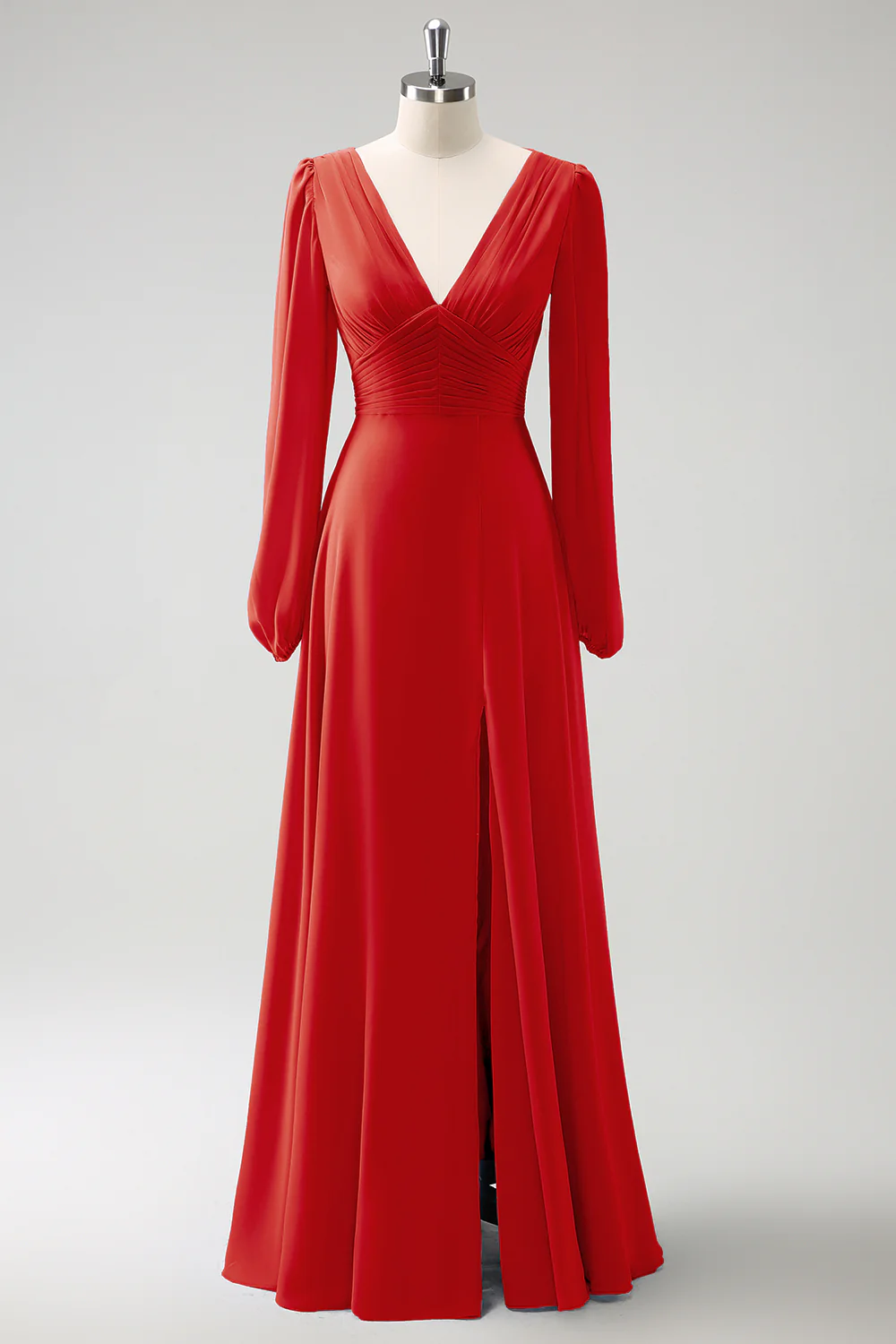 A Line Grey Blue V-Nack Chiffon Bridesmaid Dress with Long Sleeves - JUORTHO