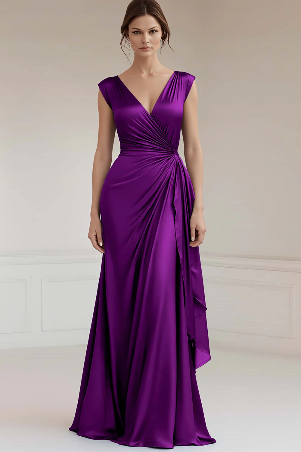 Peacock V-Neck Sheath Ruched Long Formal Dress with Ruffles - JUORTHO