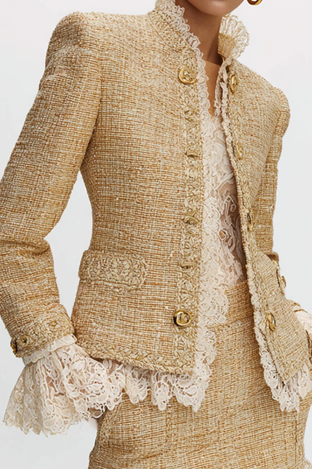 Golden Tight 2 Piece Tweed High Neck Homecoming Outfits with Lace - JUORTHO