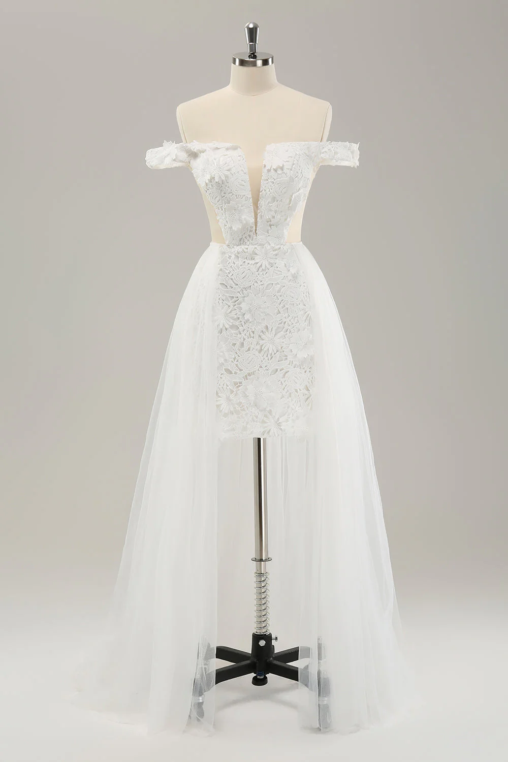 White Off the Shoulder Cut Out Wedding Dress with Detachable Tulle - JUORTHO