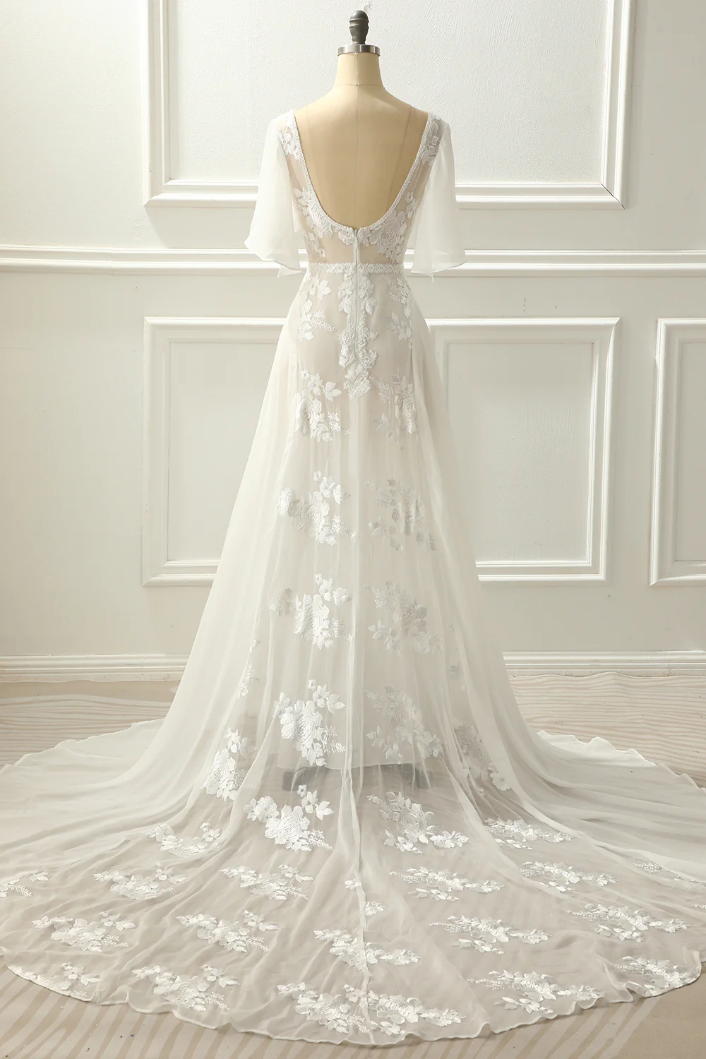 A-line V neck Floor-length Ivory Appliques Wedding Dress - JUORTHO