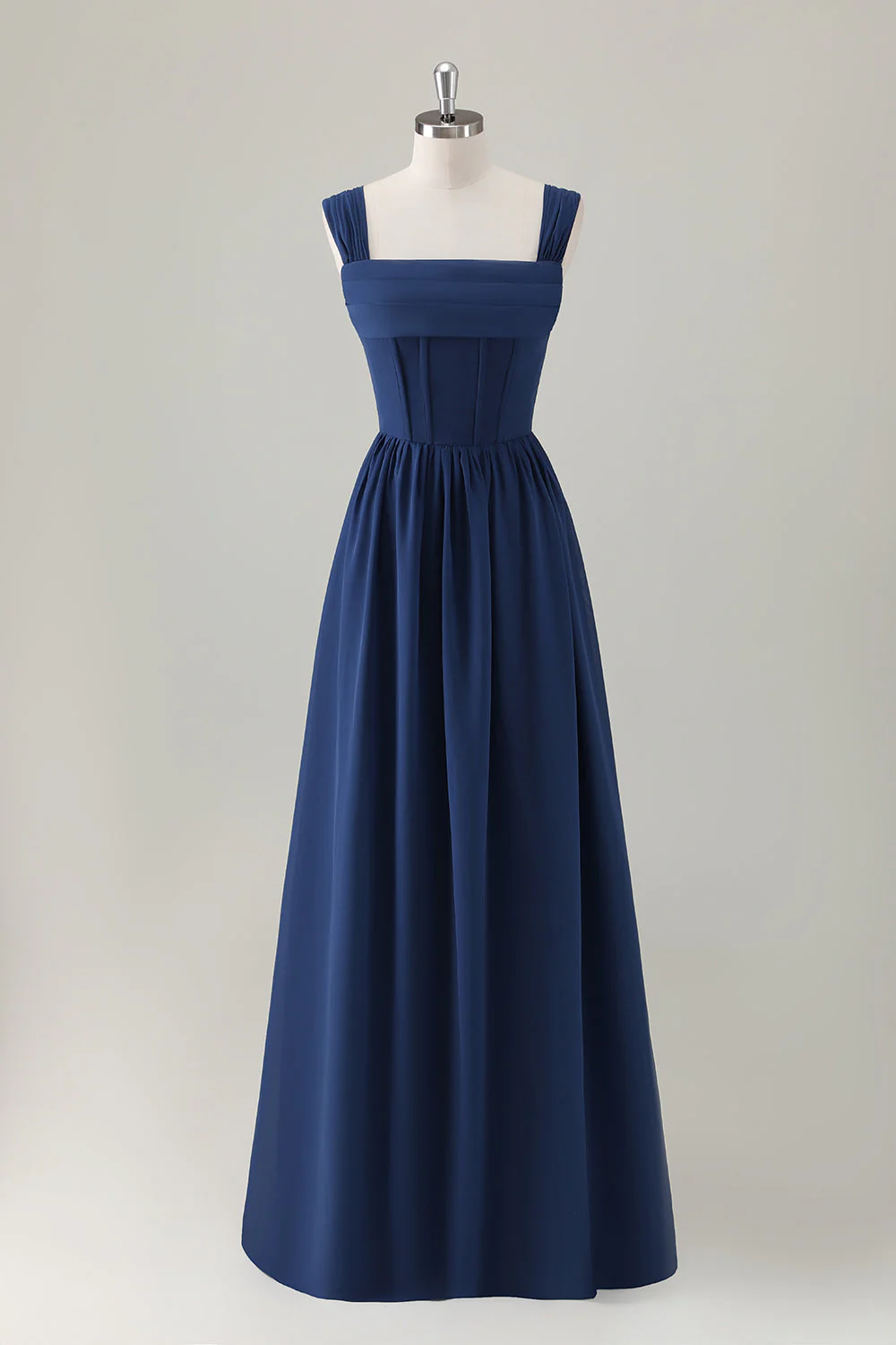 Dark Blue A-Line Square Neck Corset Long Bridesmaid Dress with Lace Up Back - JUORTHO