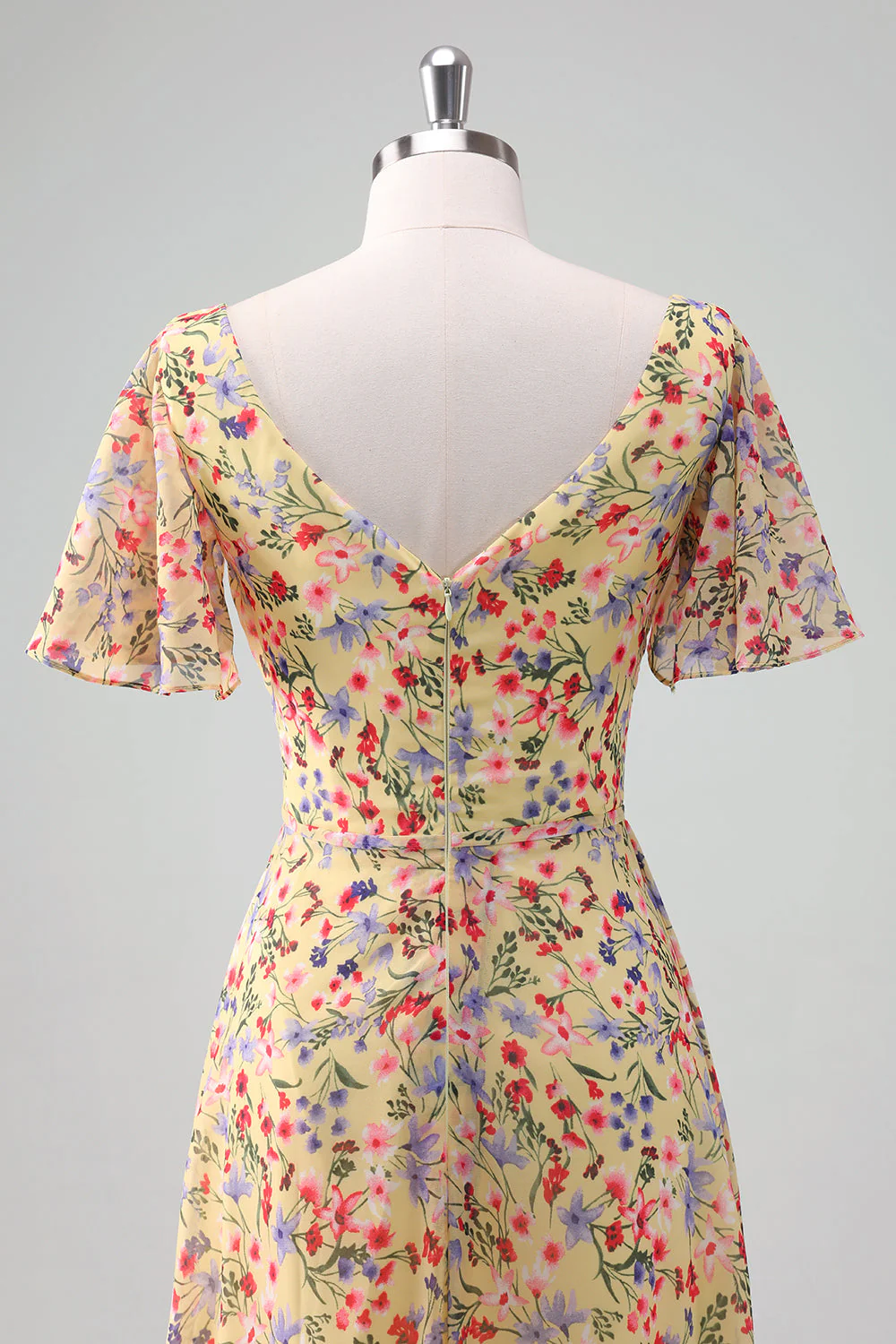 Yellow Flower Printed Chiffon A-Line V-neck Short Sleeves Long Prom Dress - JUORTHO