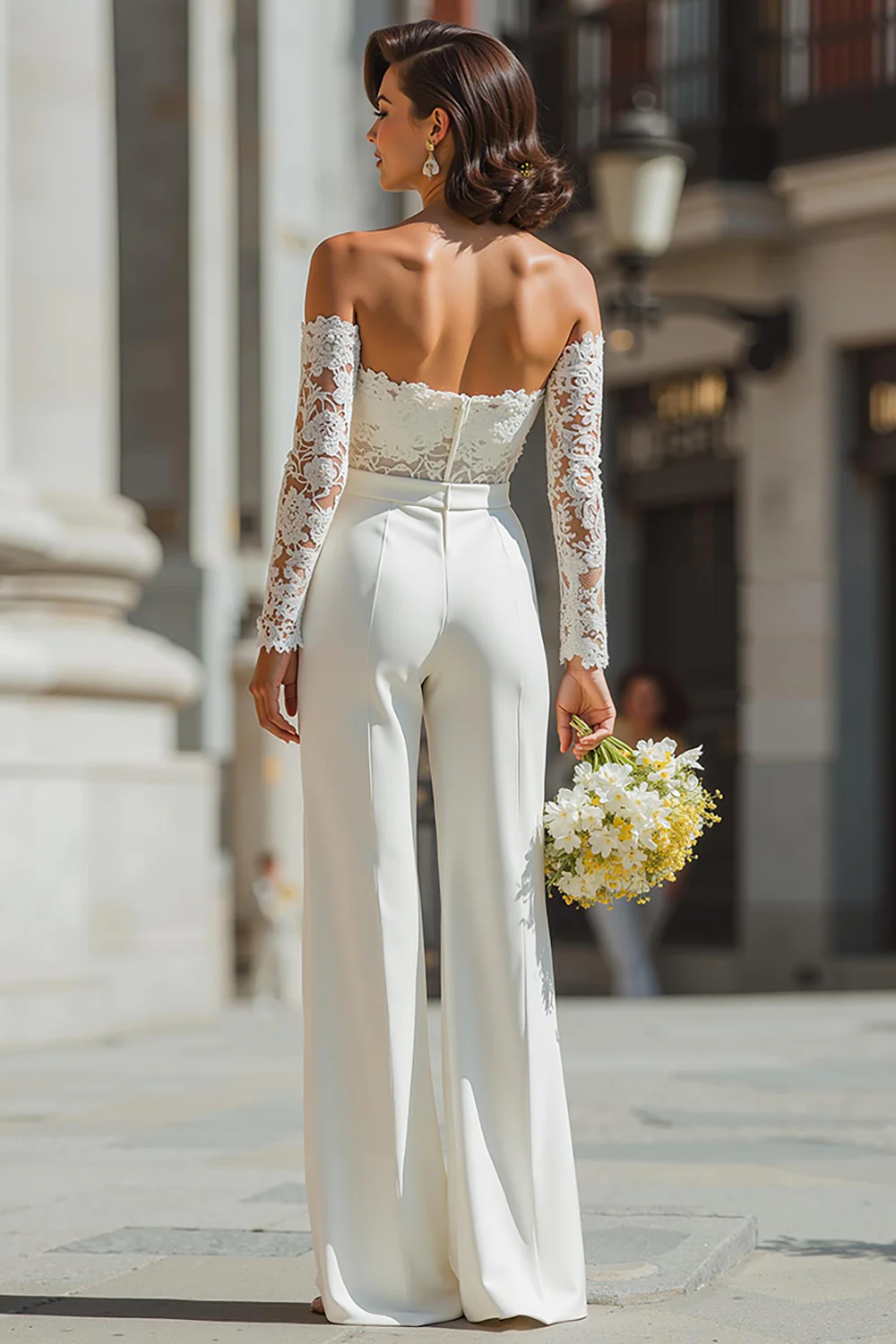 White Appliqued Sweetheart Bridal Jumpsuits with Sleeves - JUORTHO