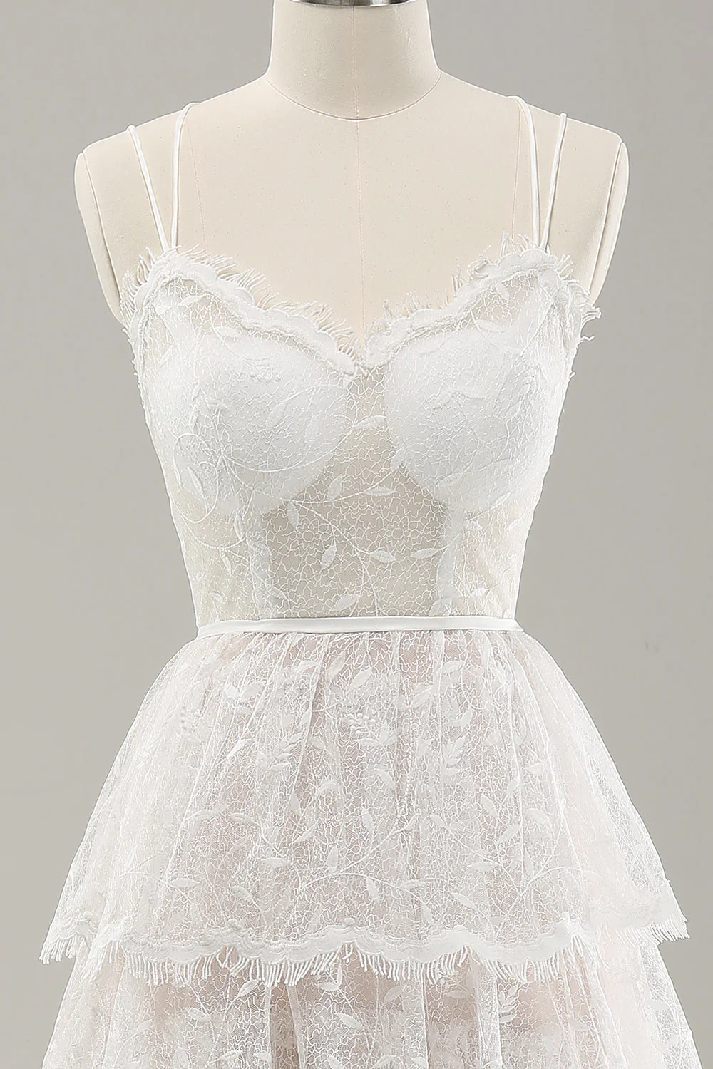 White A Line Spaghetti Straps Tiered Lace Wedding Dress with Lace Up Back - JUORTHO