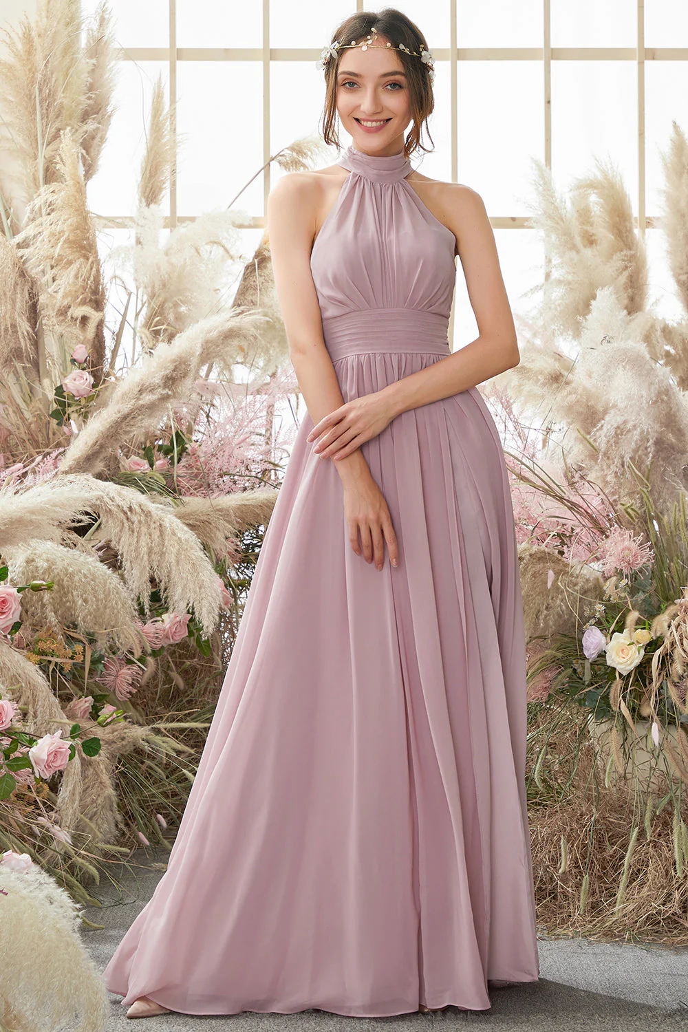 Halter Pleated Chiffon Bridesmaid Dress - JUORTHO