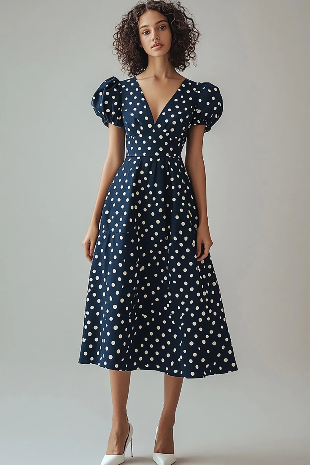 Satin A Line Navy and White Puff Sleeves Boho Maxi Polka Dot Dress - JUORTHO