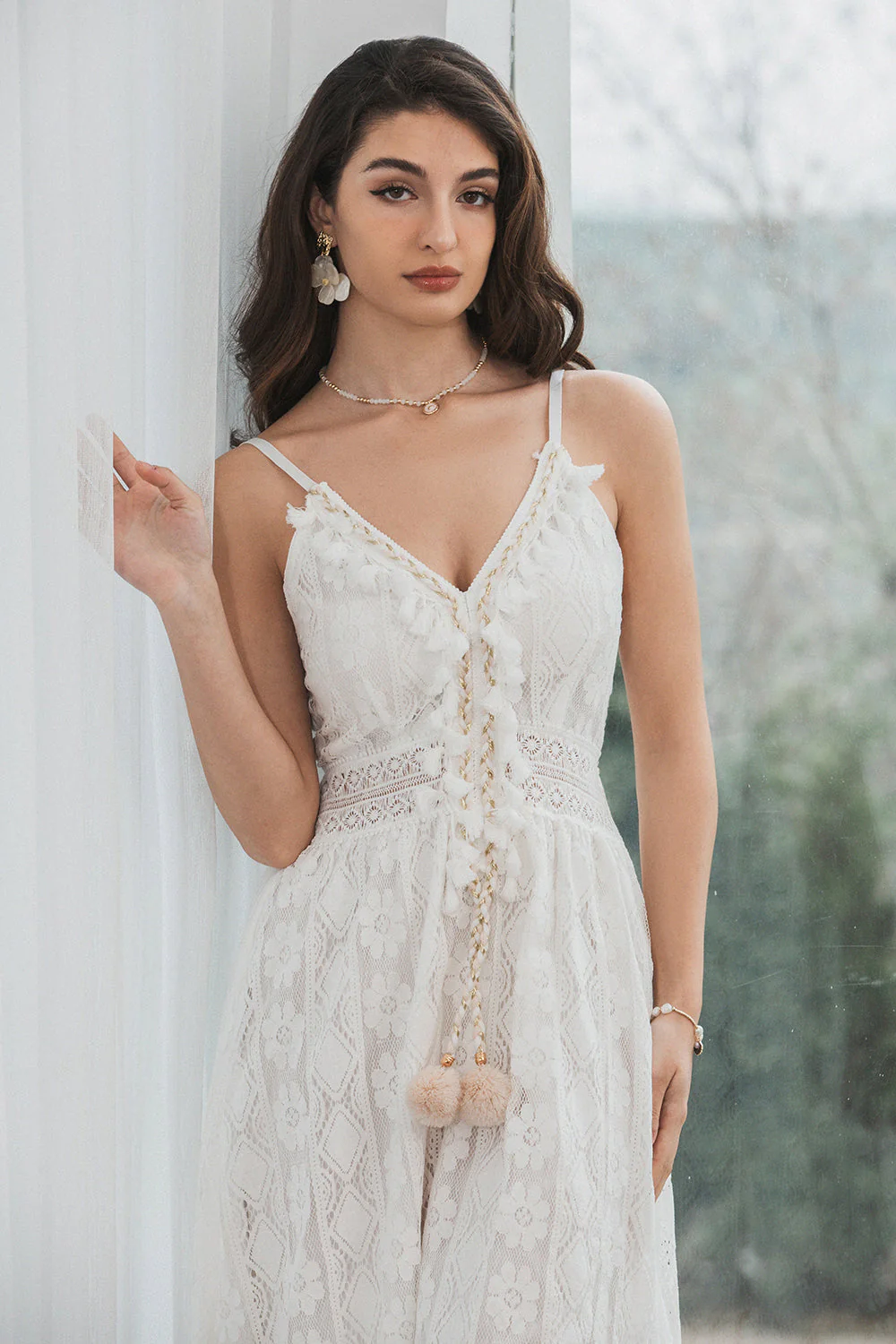 Spaghetti Straps High-Low Little White Dress with Lace - JUORTHO