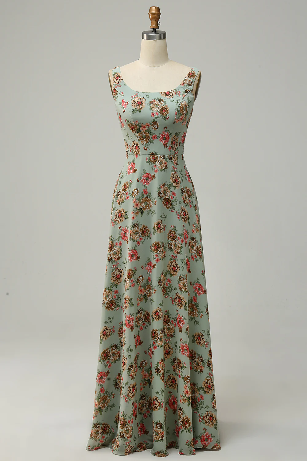 A Line Square Neck Green Floral Long Bridesmaid Dress with Open Back - JUORTHO