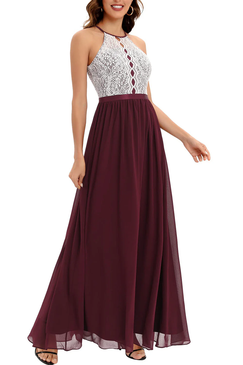 A Line Halter Blush Long Bridesmaid Dress with Lace - JUORTHO