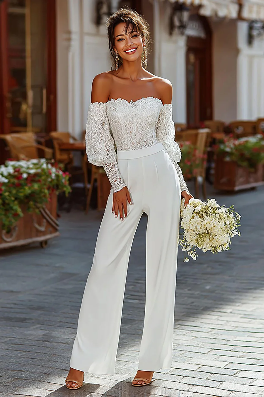 White Strapless Lace Bridal Jumpsuits with Sleeves - JUORTHO