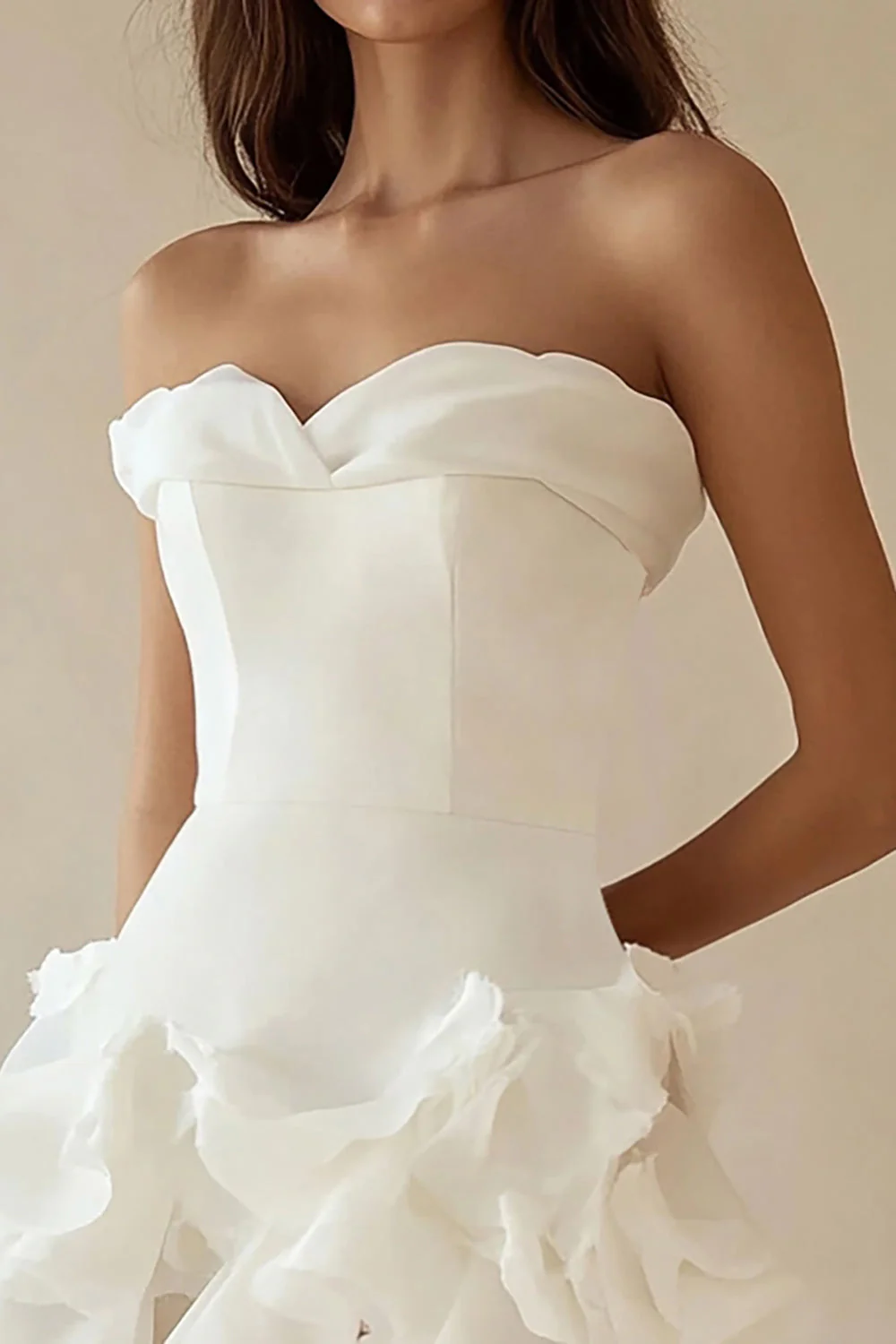 A Line Strapless Tiered Little White Dress with Ruffles - JUORTHO