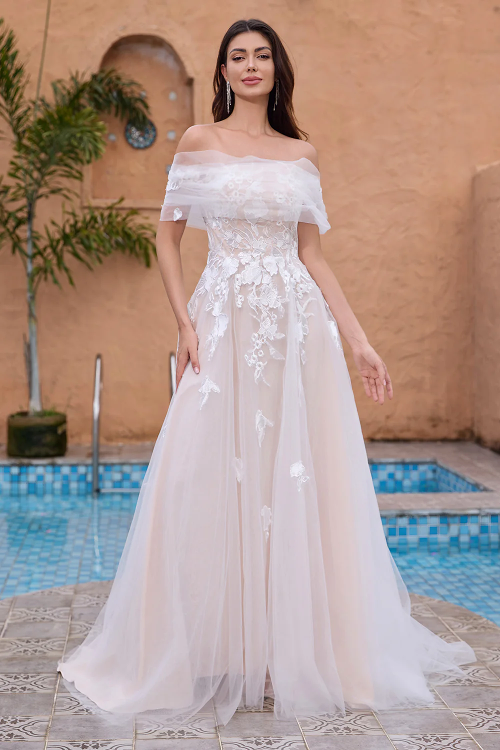 White Off the Shoulder A Line Tulle Bridal Dress with Embroidery - JUORTHO