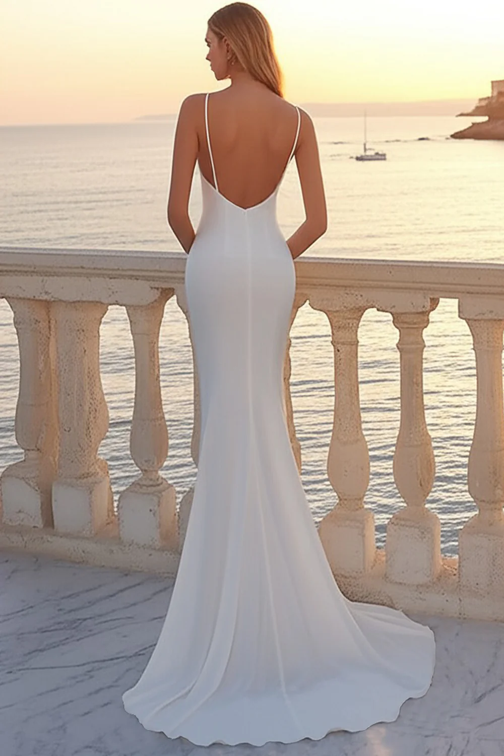 White Satin Mermaid Round Neck Ruched Boho Wedding Dress - JUORTHO
