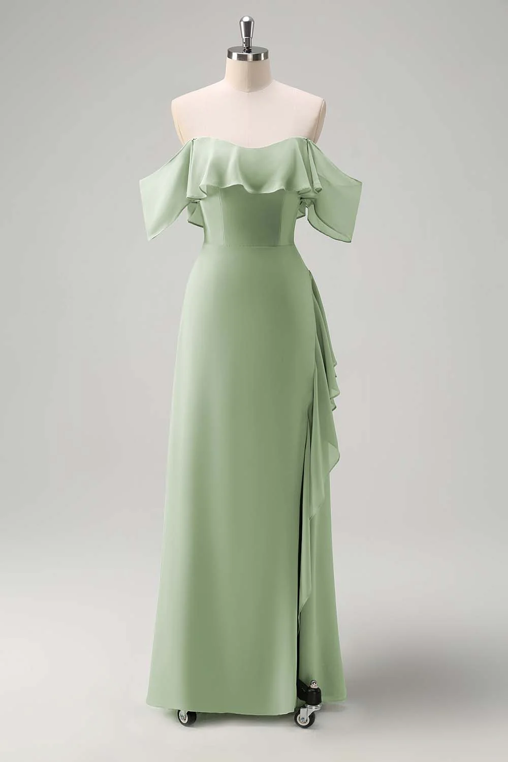 Light Green Off The Shoulder Chiffon Long Bridesmaid Dress - JUORTHO
