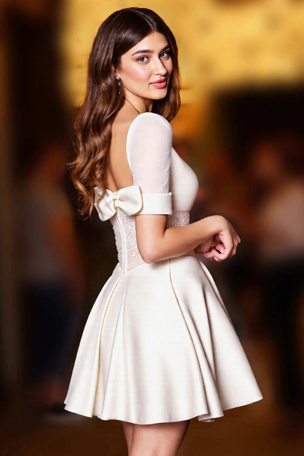 Glitter White Corset A Line Short Homecoming Dress with Bow - JUORTHO