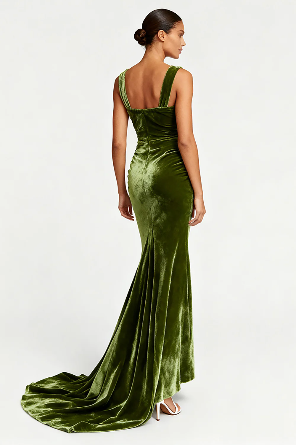 Simple Olive Mermaid Velvet Long Formal Dress - JUORTHO