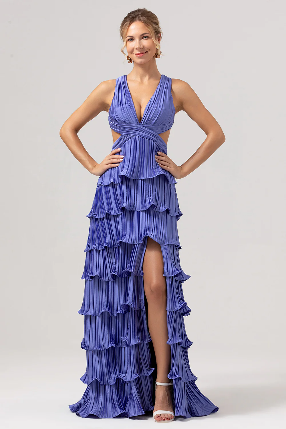 Purple V-Neck Ruffled Long Bridesmaid Dress With Slit - JUORTHO