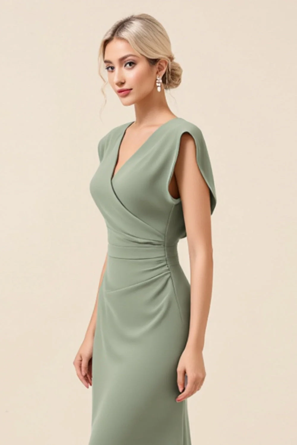 Chiffon Eucalyptus Sheath V-Neck Long Bridesmaid Dress with Slit - JUORTHO