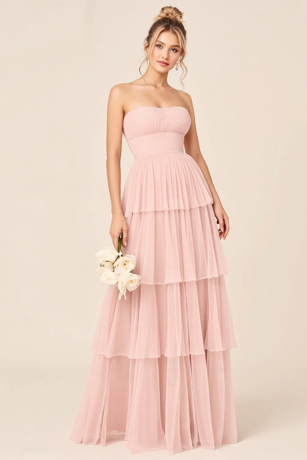 A Line Tiered Candy Pink Strapless Long Bridesmaid Dress - JUORTHO