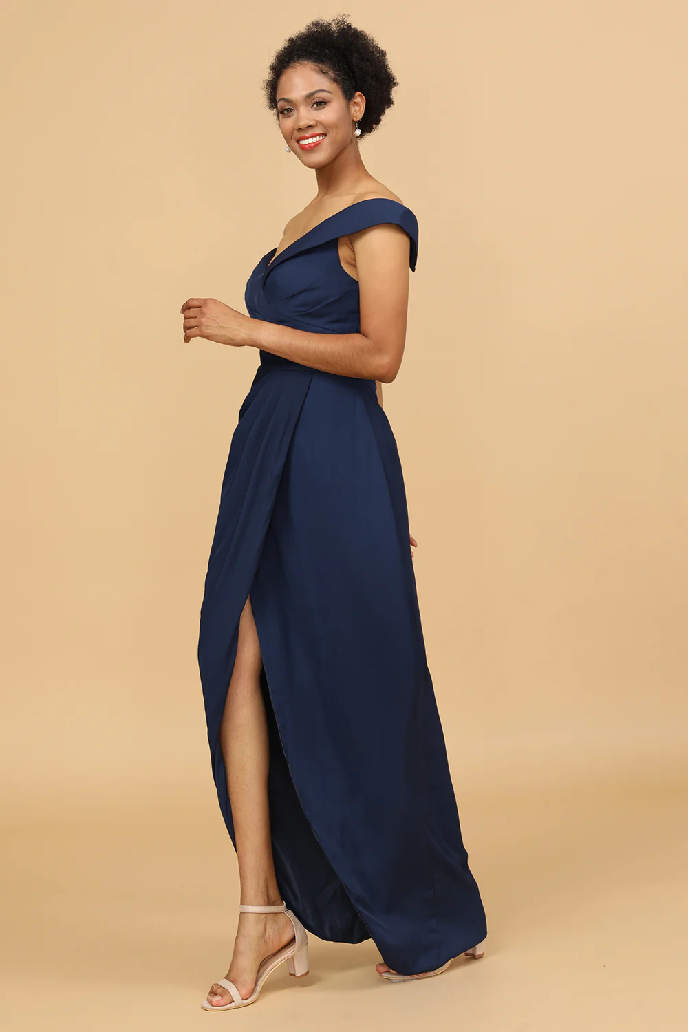 Off-the-Shoulder Navy Asymmetrical Satin Bridesmaid Dress - JUORTHO