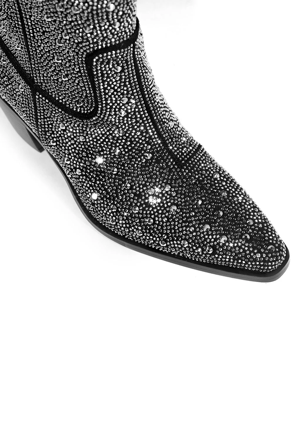Black Rhinestone Contrast Color Western Ankle Boots - JUORTHO