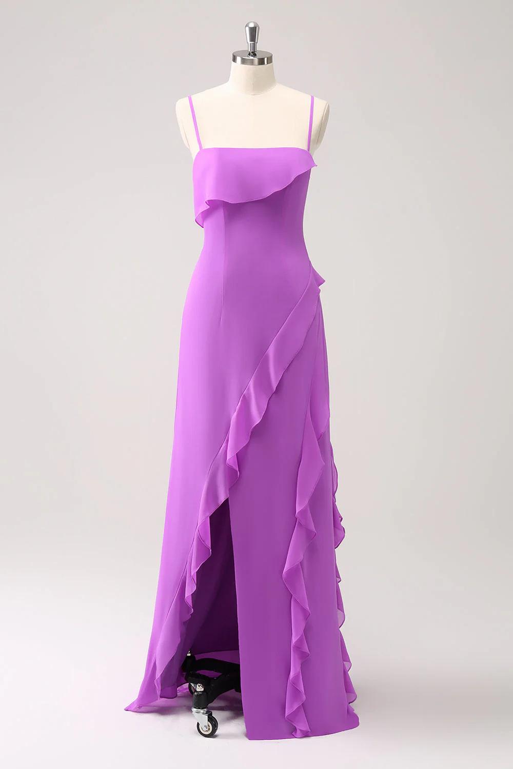 Tahiti Ruffle Spaghetti Straps Chiffon Long Bridesmaid Dress with Slit - JUORTHO