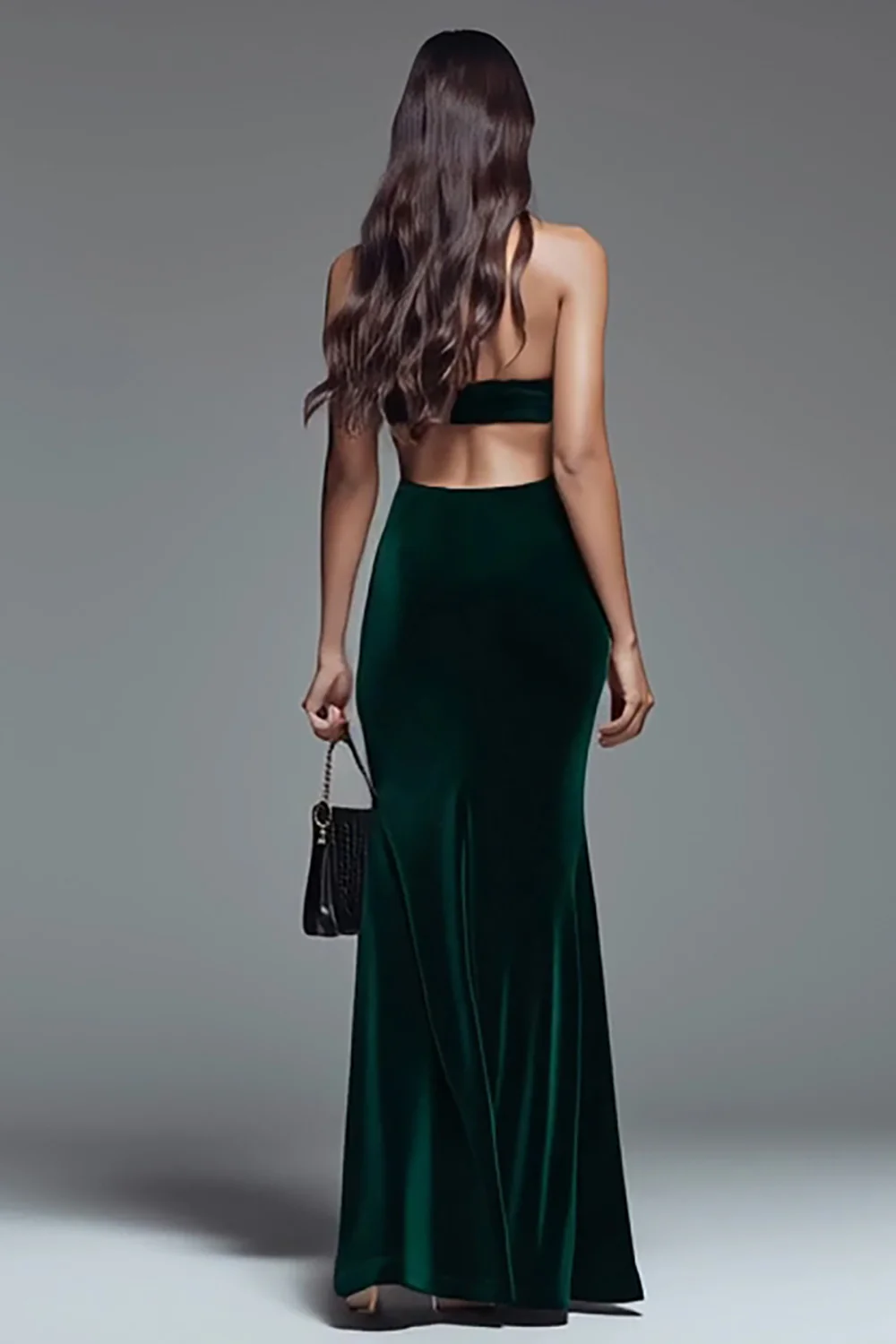 Dark Green Velvet Cut Out Mermaid Long Holiday Party Dress with Slit - JUORTHO