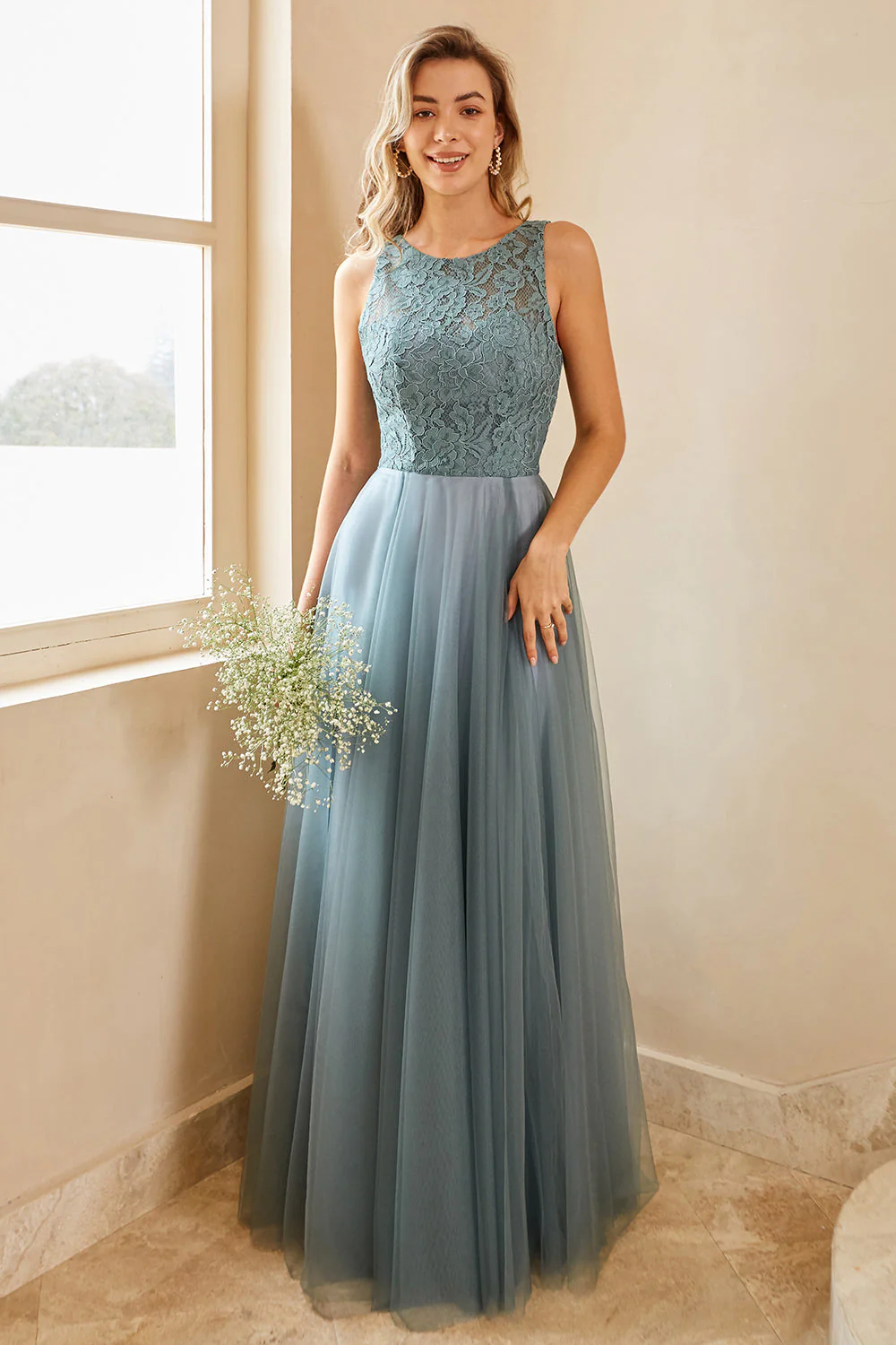Grey Blue Tulle Bridesmaid Dress with Lace - JUORTHO