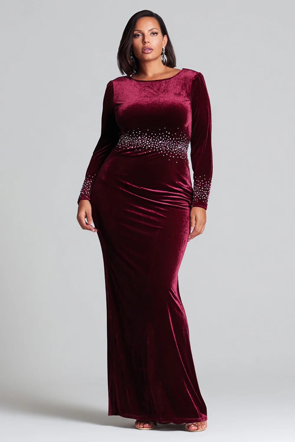 Plus Size Sparkly Burgundy Velvet Mermaid Long Holiday Party Dress with Sleeves - JUORTHO