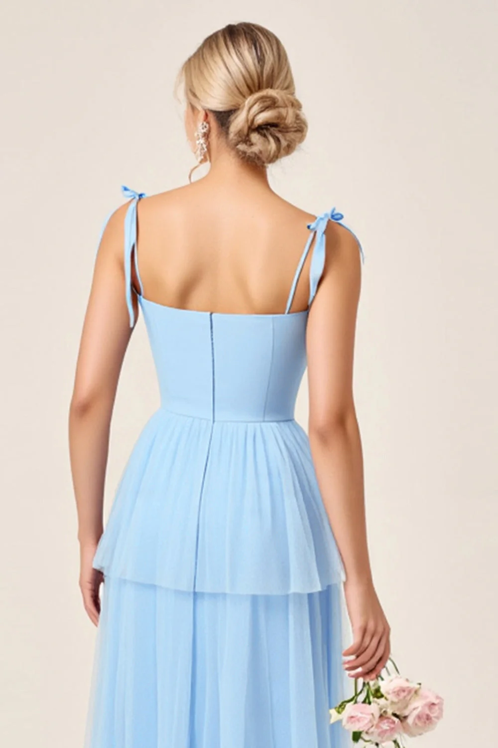 Sky Blue A Line Spaghetti Straps Long Bridesmaid Dress with Slit - JUORTHO