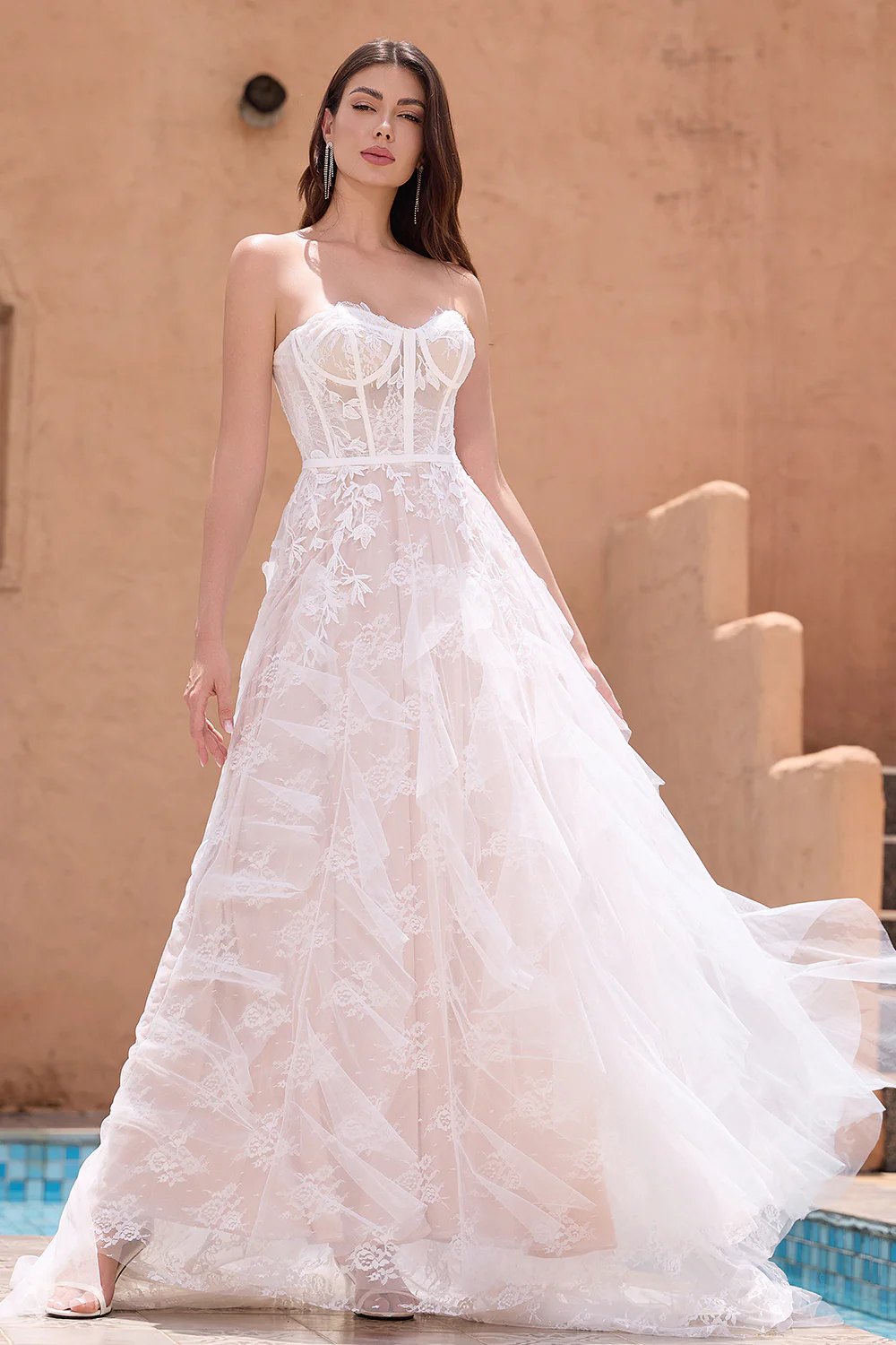 White A Line Strapless Corset Wedding Dress with Applique Lace - JUORTHO