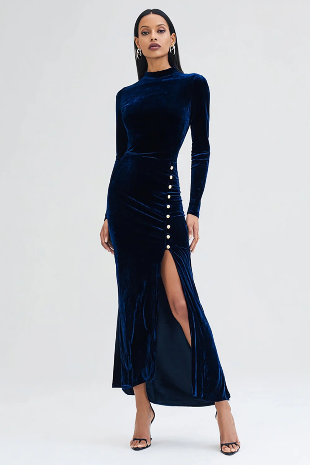 Navy Velvet Mermaid Long Sleeves Holiday Party Dress with Slit - JUORTHO