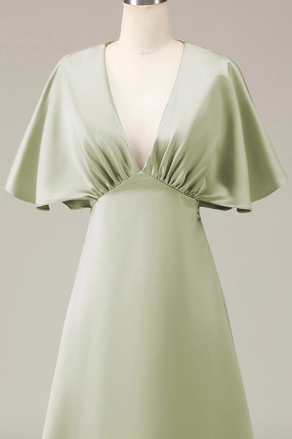 Dusty Sage V-neck Short Sleeves A-line Satin Bridesmaid Dress - JUORTHO