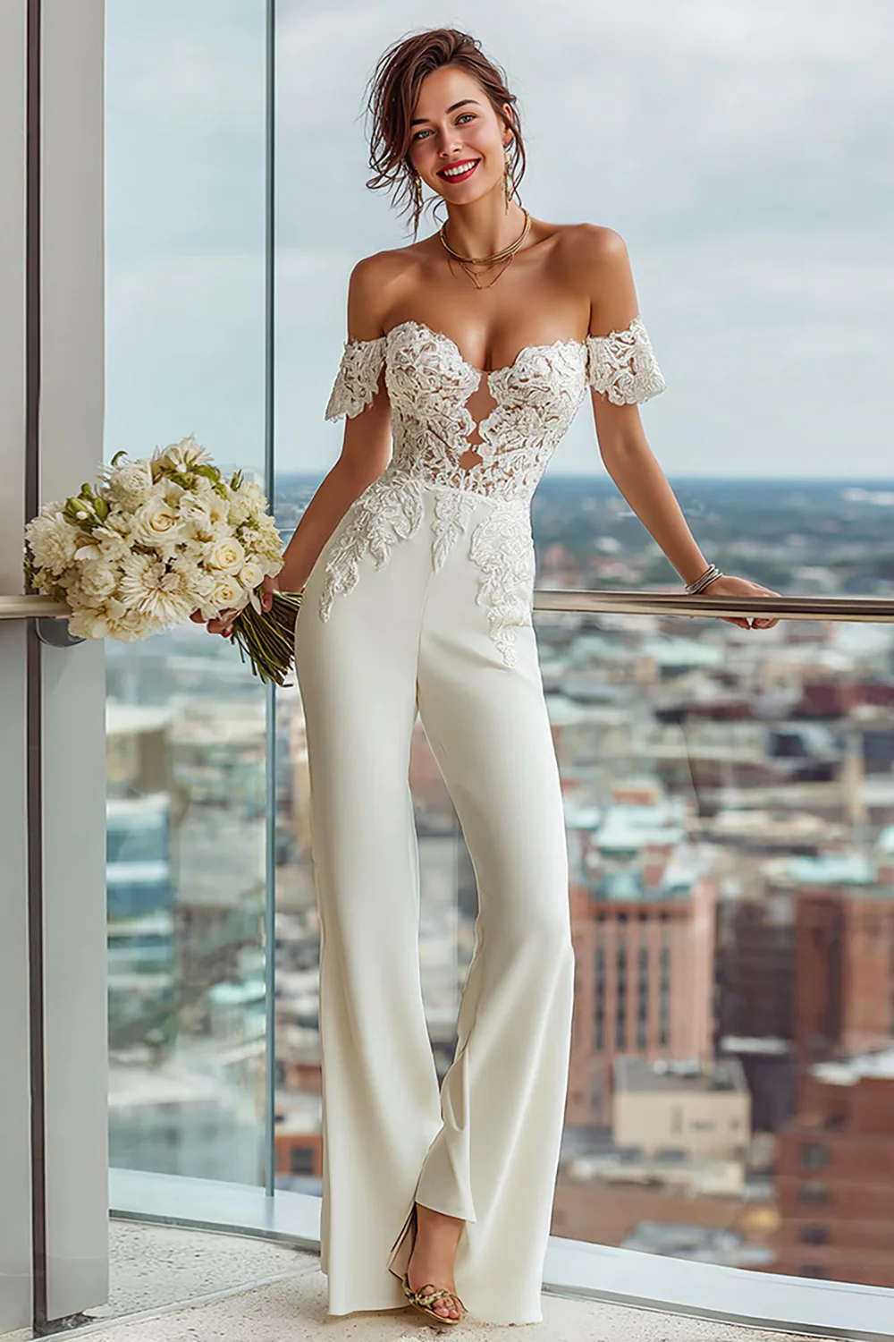 Simple White Sweetheart Bridal Jumpsuits with Lace - JUORTHO