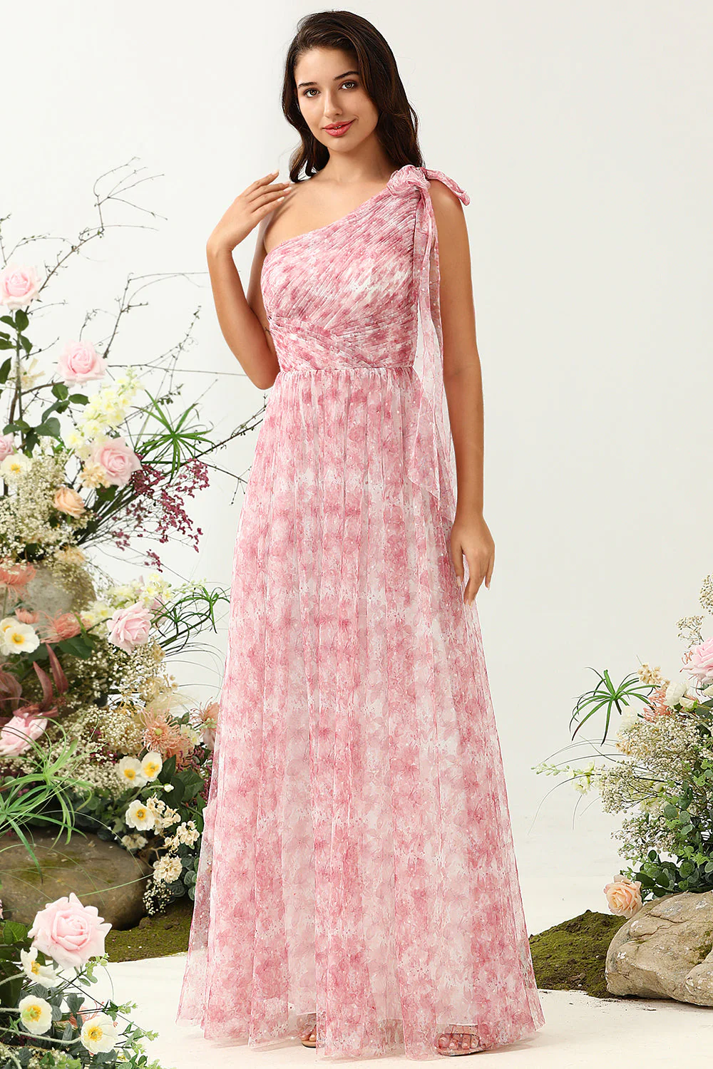 Red A Line One Shoulder Print Tulle Bridesmaid Dress with Ruched - JUORTHO