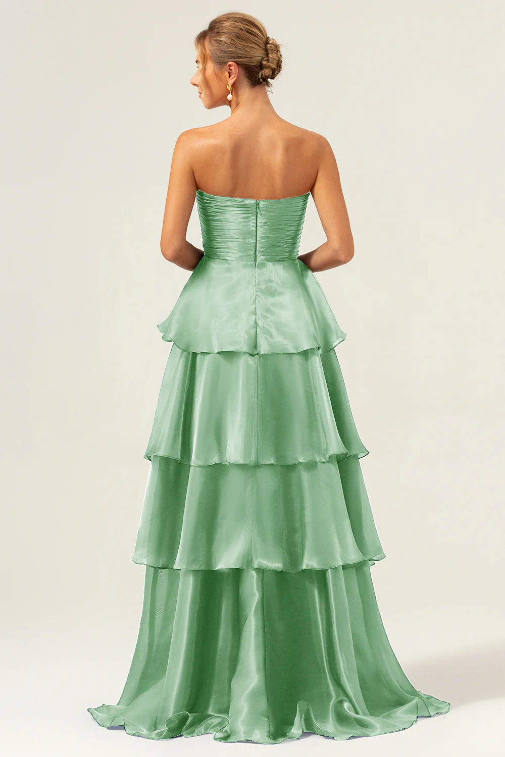 Dark Navy A Line Strapless Tiered Satin Long Bridesmaid Dress - JUORTHO