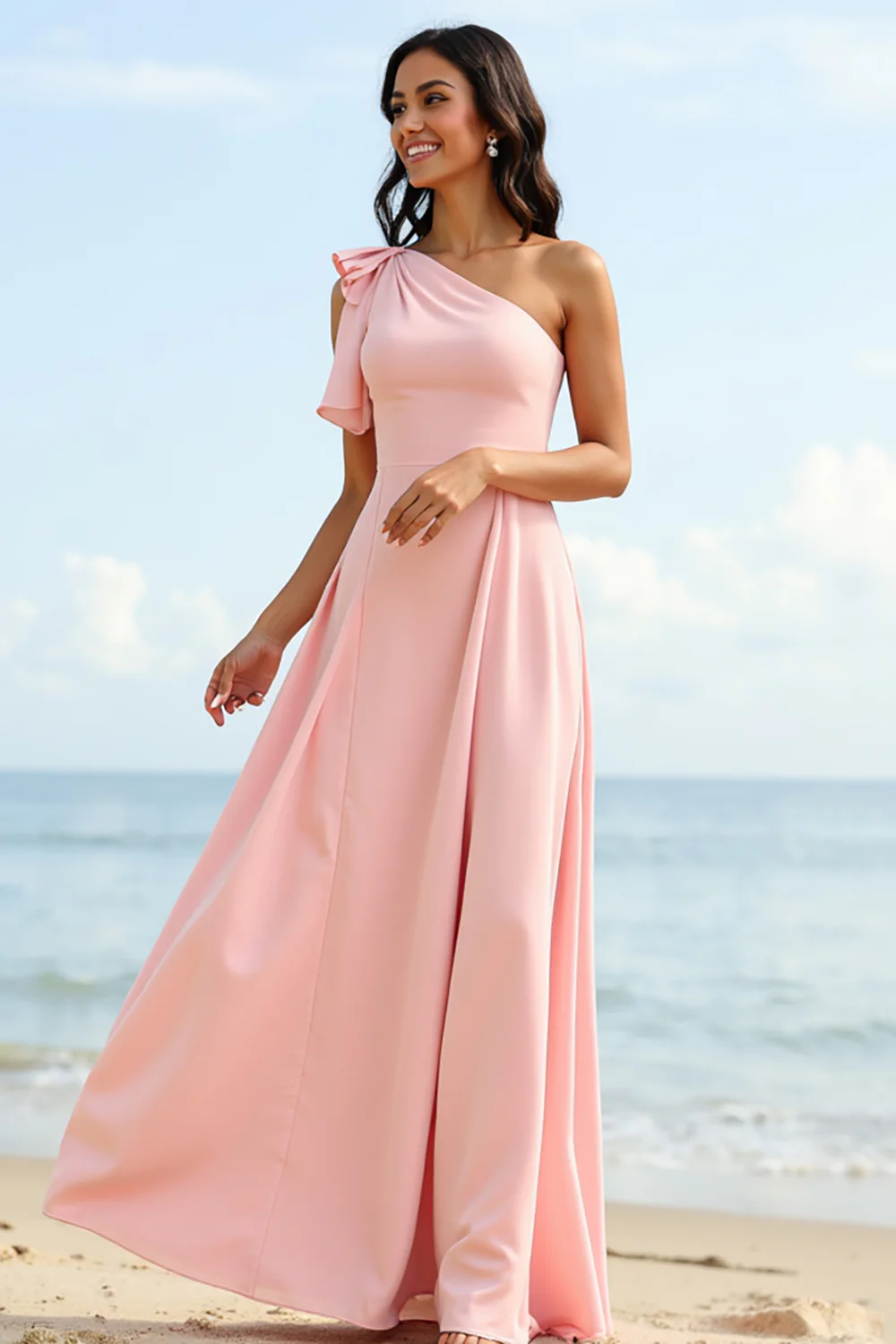 Blush One Shoulder Boho Long Bridesmaid Dress with Ruffles - JUORTHO