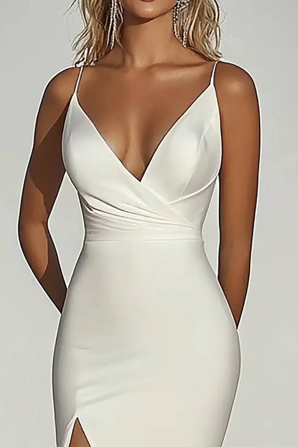 Elegant Ivory Off the Shoulder Satin Mermaid Ruched Long Wedding Dress with Slit - JUORTHO