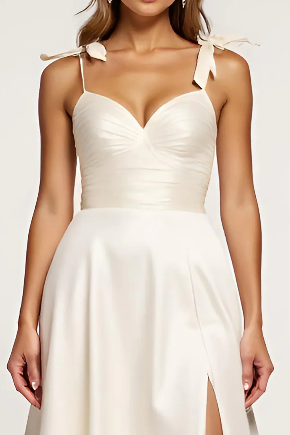 Spaghetti Straps Ivory A Line Long Graduation Dress with Slit - JUORTHO